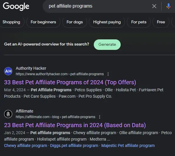 Searching for affiliate programs on google for the pet niche