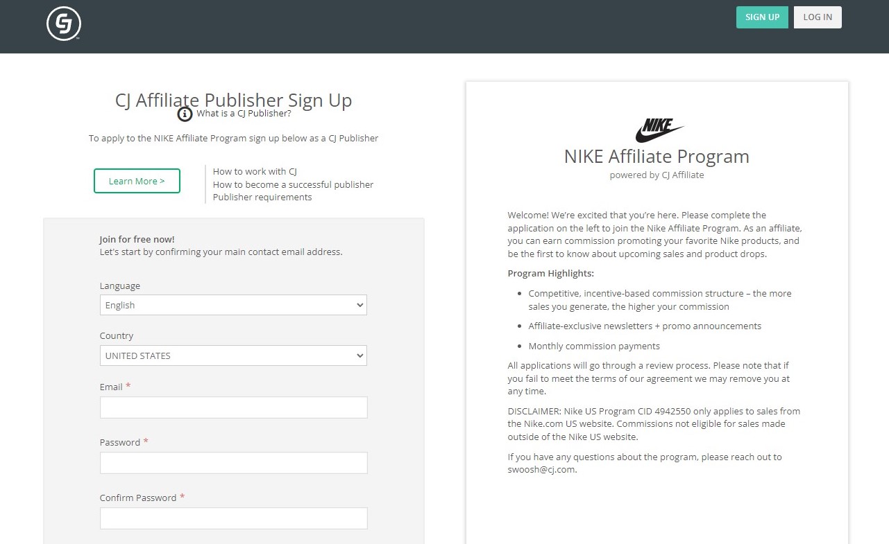 CJ Affiliate Nike sign up page