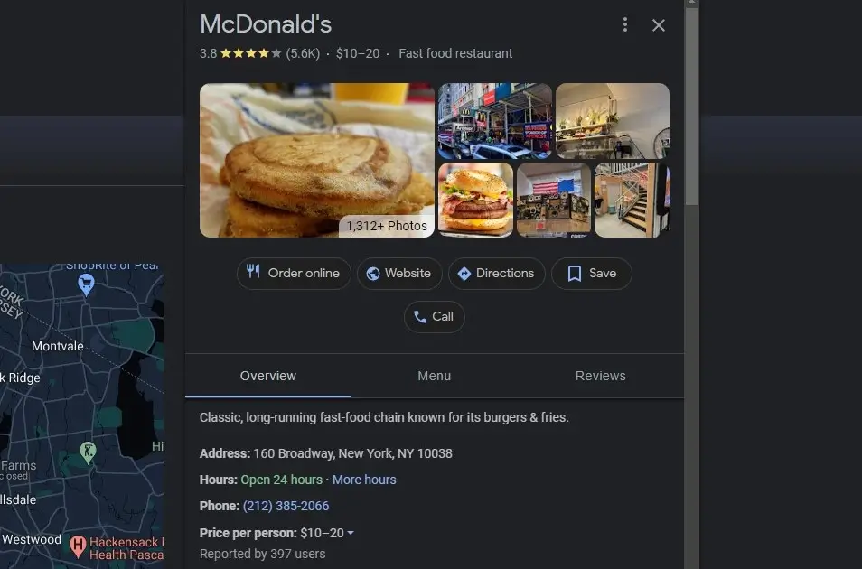 McDonalds google business listing