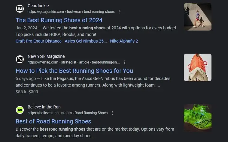 Google results for best running shoes