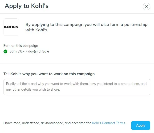 Impact form question for Kohl's affilate program