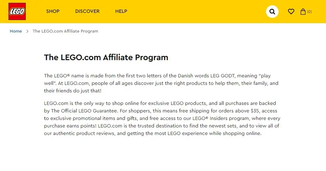 LEGO affiliate program website