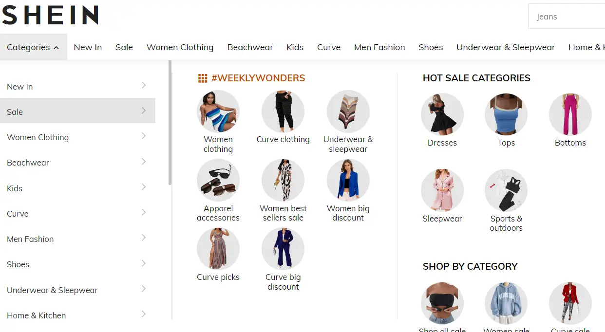 Shein product categories