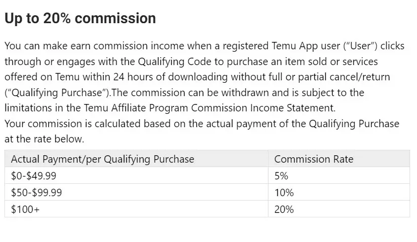 Temu commission rate table